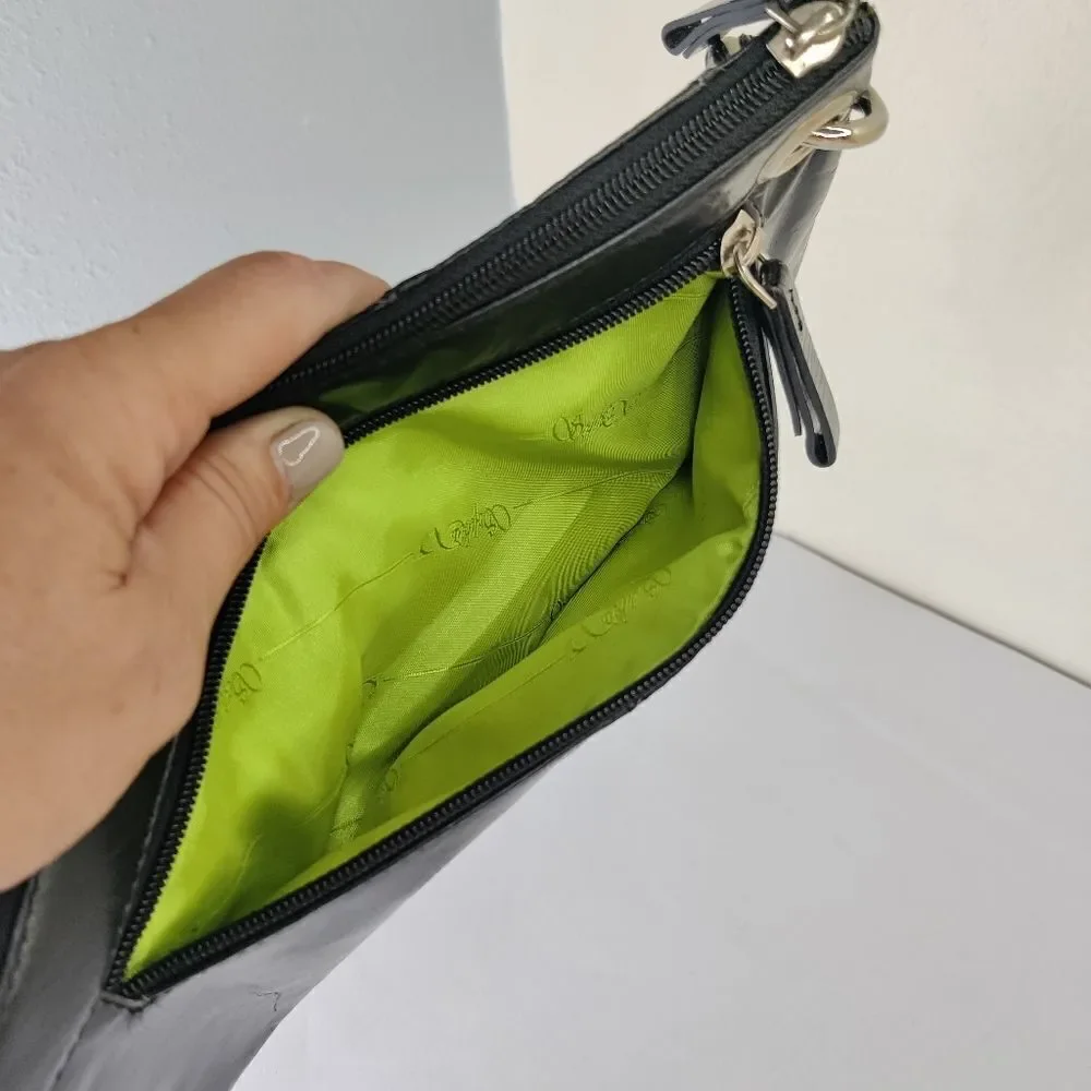 Sophia visconti Clutch Wristlet Studded Black Leather  Lime Green Lined Handbag